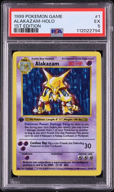 1999 Pokemon Base Set Shadowless 1st Edition Holo Alakazam #1 PSA 5 EX