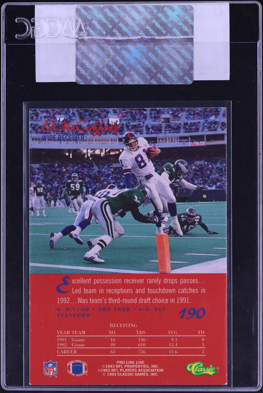 1993 Classic Pro Line Live Ed McCaffrey #190 CGC AUTH