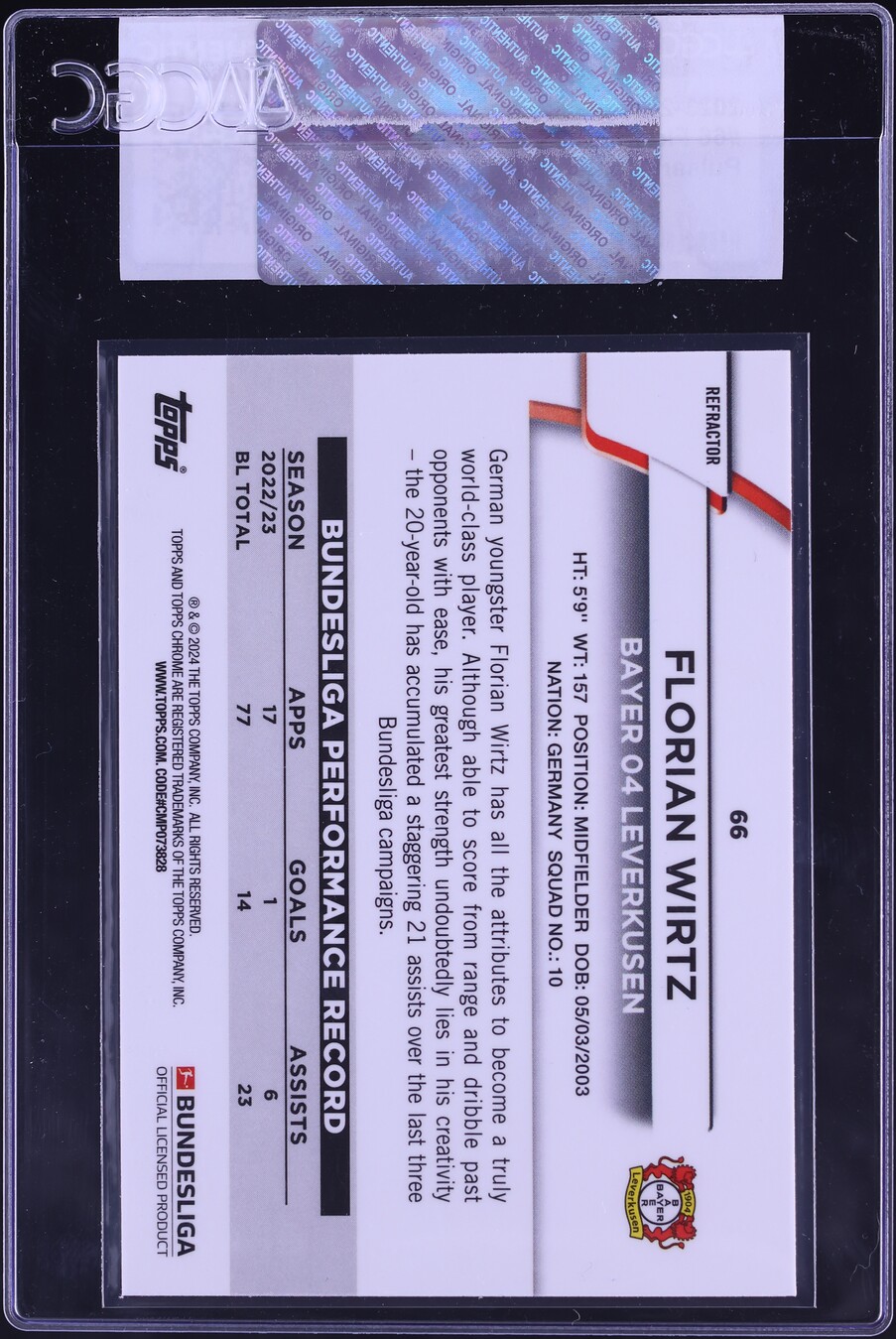 2023 Topps Chrome Bundesliga Pulsar Refractor Florian Wirtz #66 CGC AUTH