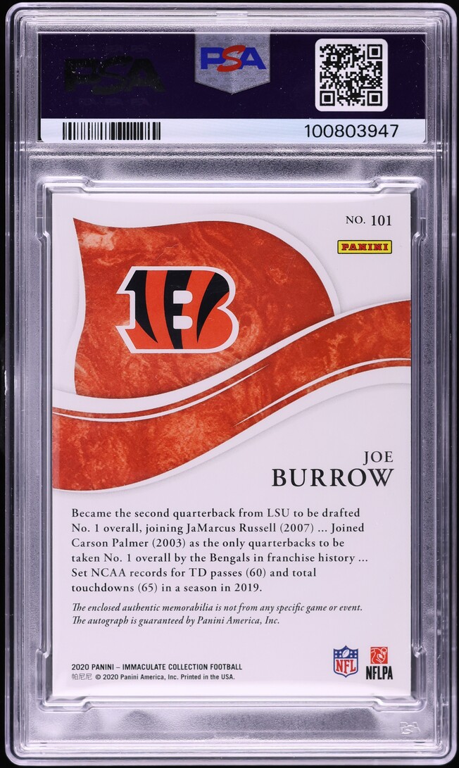joe burrow graded rookie card 2020 Panini Chronicles #PB1 Prizm Black RC Football PSA 10 Gem Mint : Collectibles & Fine Art Graded 2020 Panini Playoff Joe
