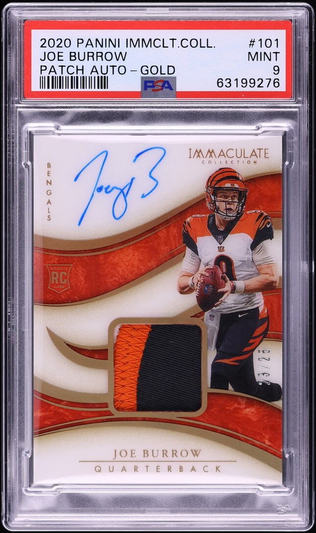 2020 Immaculate Collection Gold Joe Burrow ROOKIE PATCH AUTO /25 #101 PSA 9 MINT