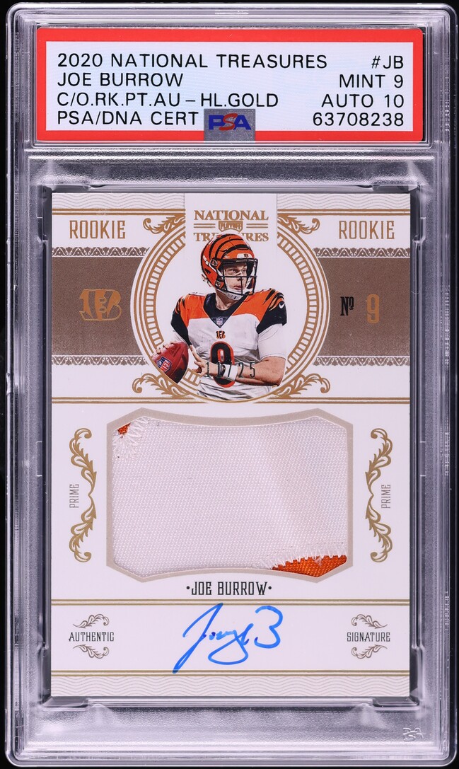 2020 National Treasures Crossover Gold Joe Burrow ROOKIE PATCH AUTO /25 PSA 9