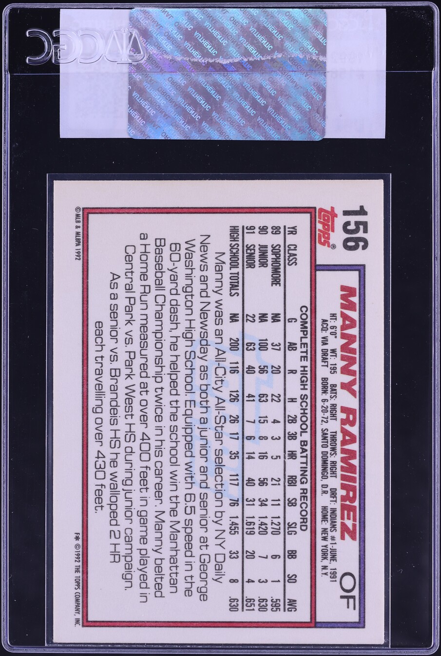 1992 Topps Manny Ramirez ROOKIE #156 CGC AUTH
