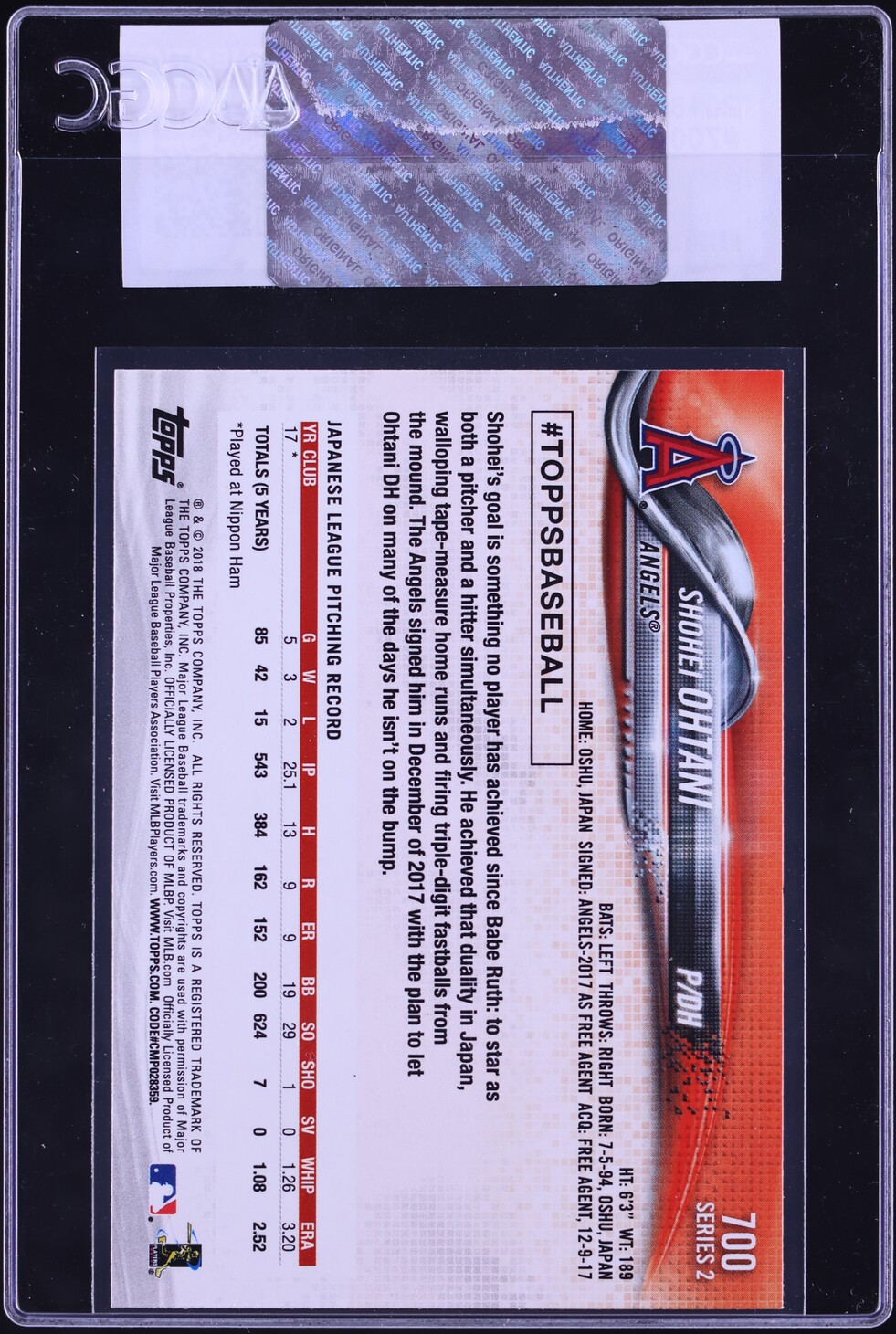 2018 Topps Shohei Ohtani ROOKIE #700 CGC AUTH
