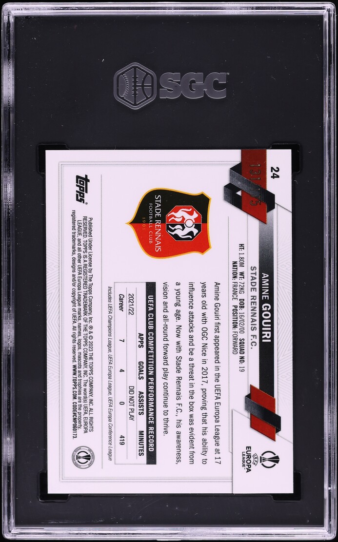 2022 Topps Chrome UEFA CC Pink Mini-Diamond Ref Amine Gouiri RC /175 SGC 10