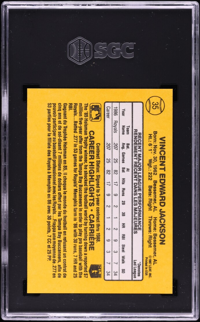 1987 Donruss Leaf Bo Jackson ROOKIE #35 SGC 10 GEM MINT