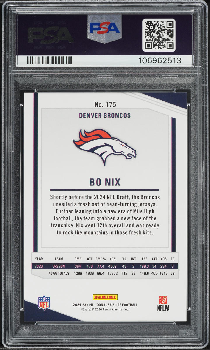 2024 Donruss Elite Status Bo Nix ROOKIE /10 #175 PSA 10 GEM MINT