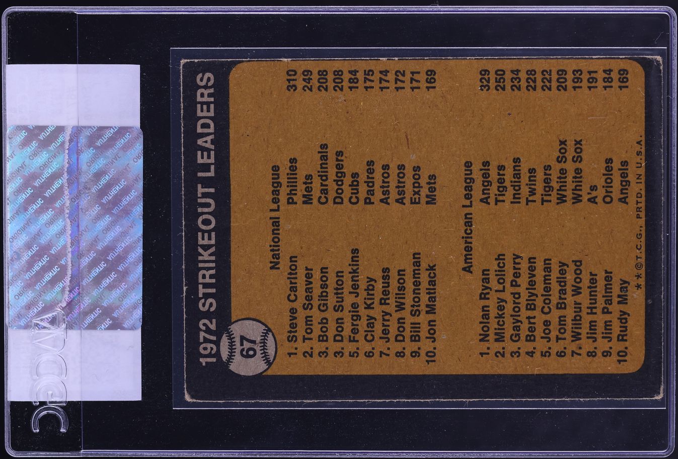 1973 Topps Steve Carlton Nolan Ryan STRIKEOUT LEADERS #67 CGC AUTH