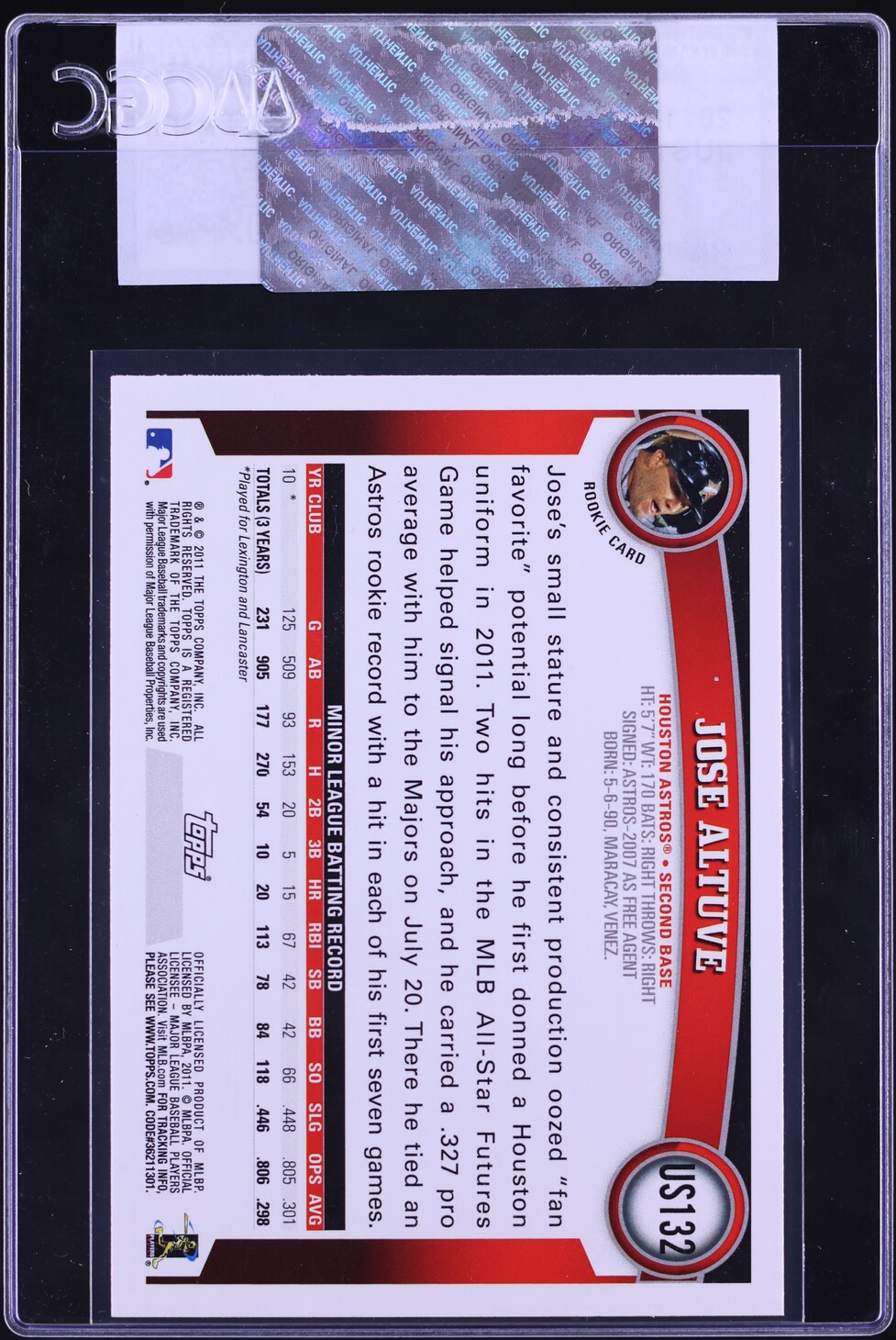 2011 Topps Update Jose Altuve ROOKIE #US132 CGC AUTH