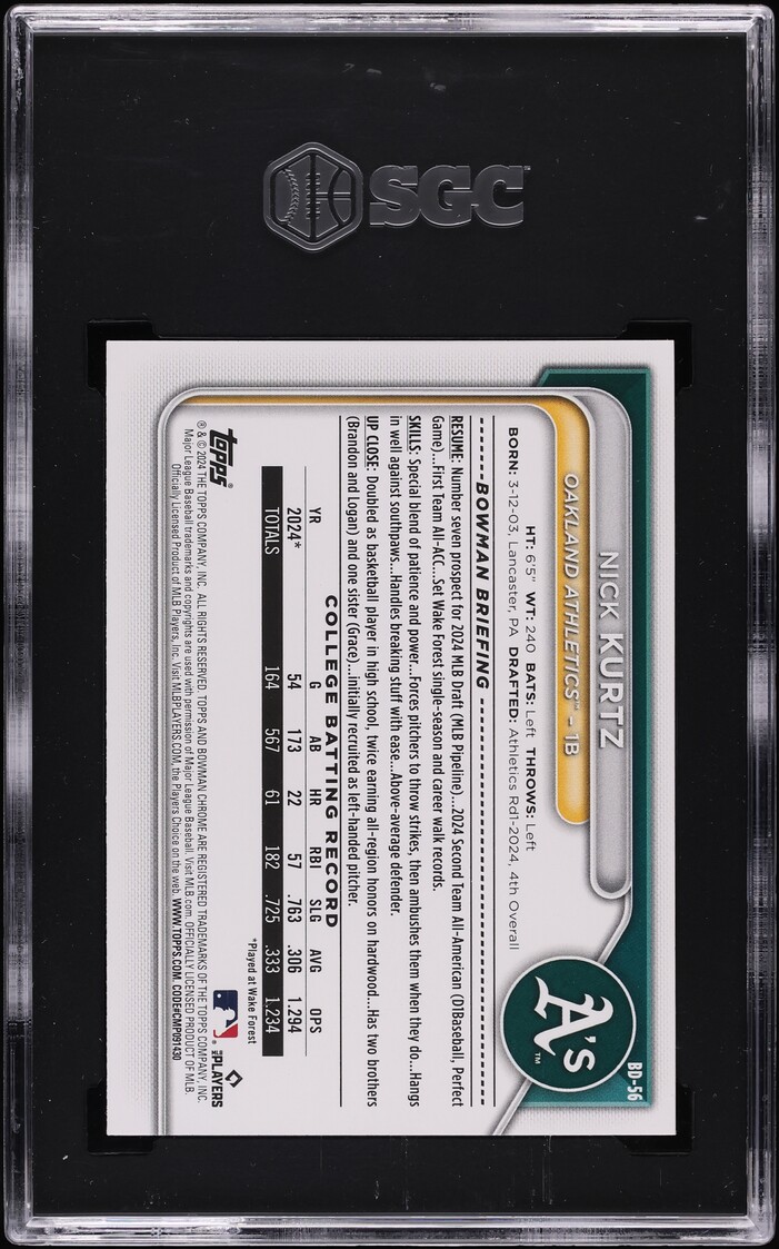 2024 Bowman Draft Nick Kurtz PROSPECT #BD-56 SGC 8.5 NM-MT+
