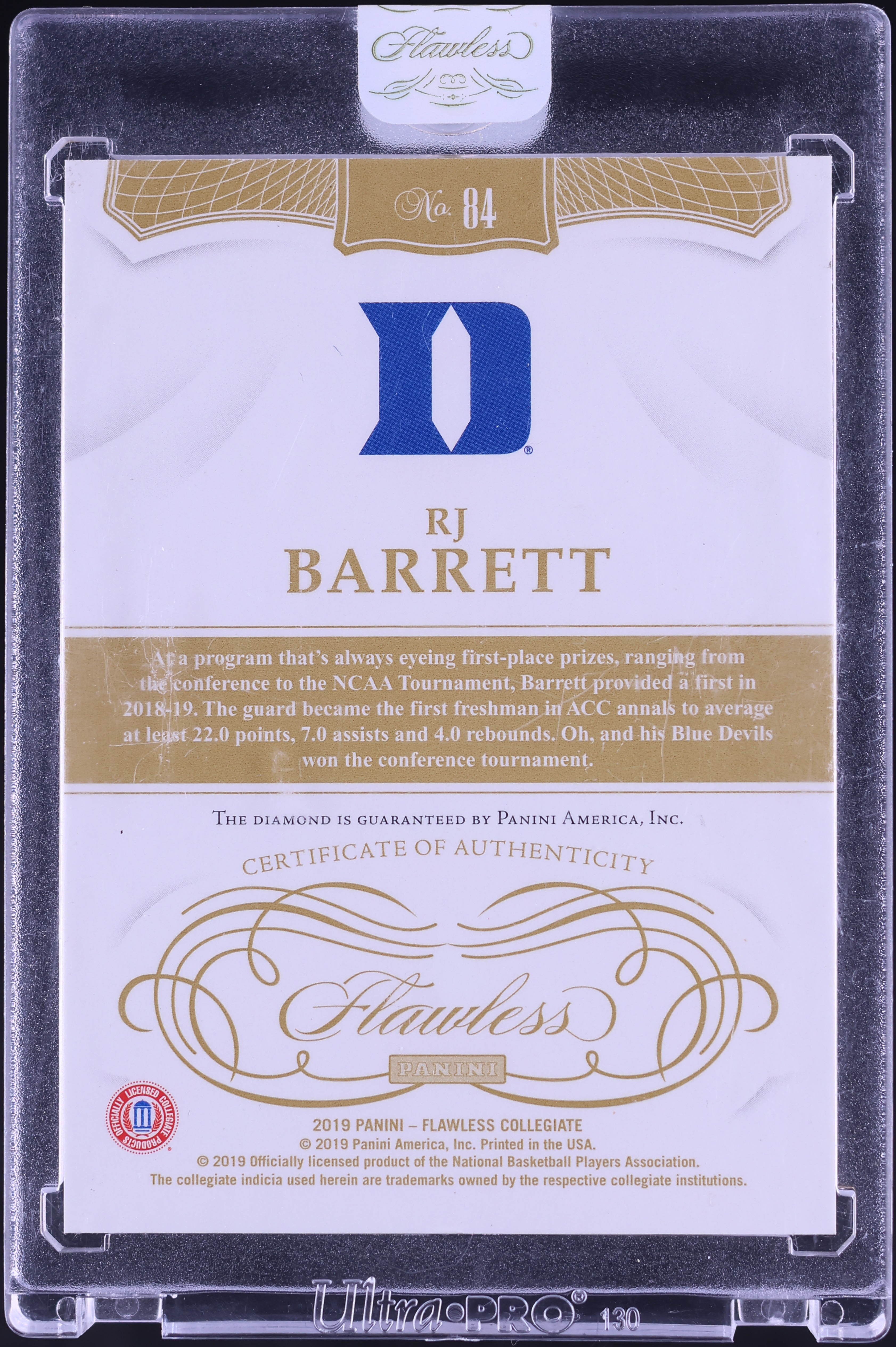 2019 Panini Flawless Collegiate Diamond Gems RJ Barrett ROOKIE 1