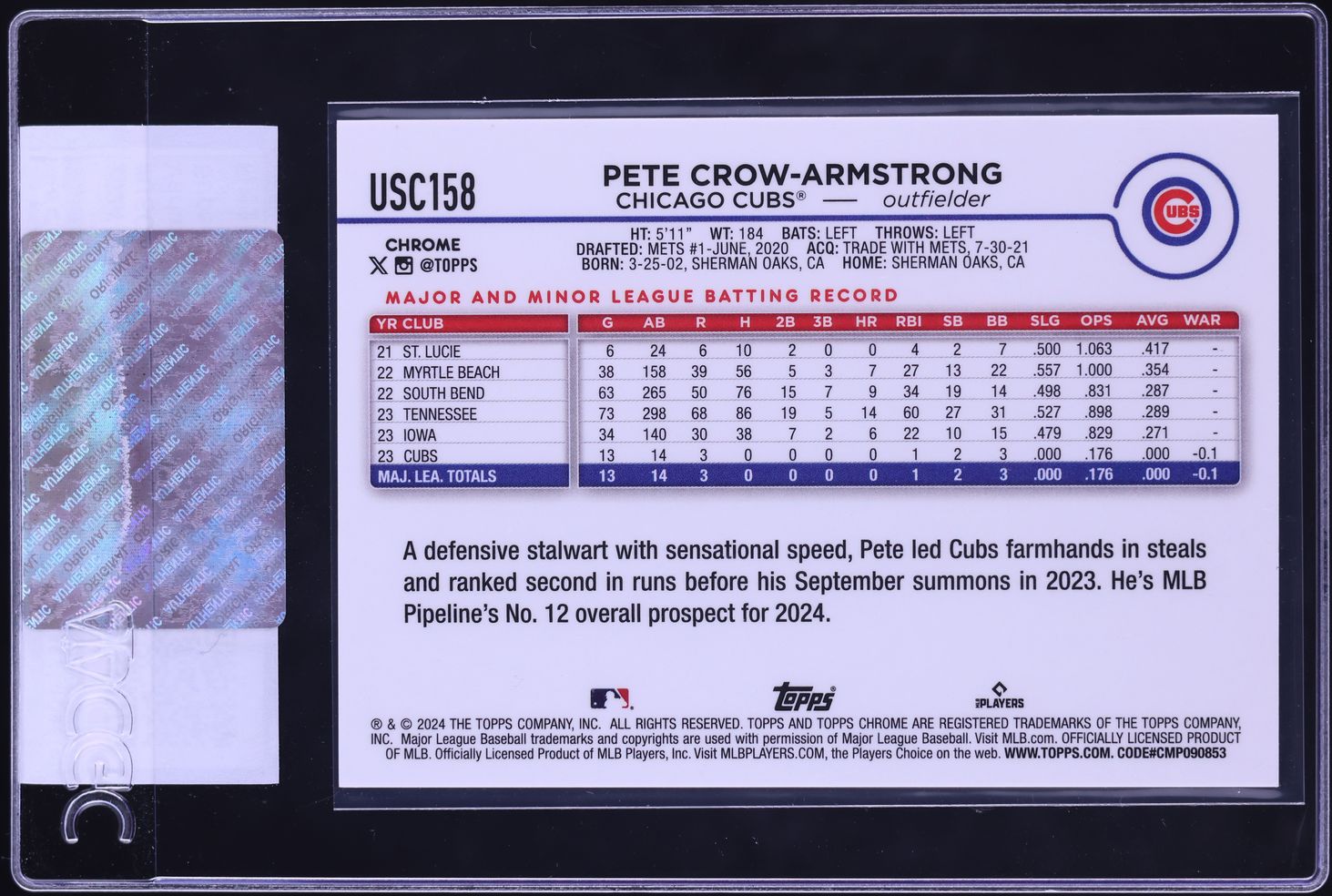 2024 Topps Chrome Update Superfractor Pete Crow-Armstrong ROOKIE 1/1 CGC AUTH