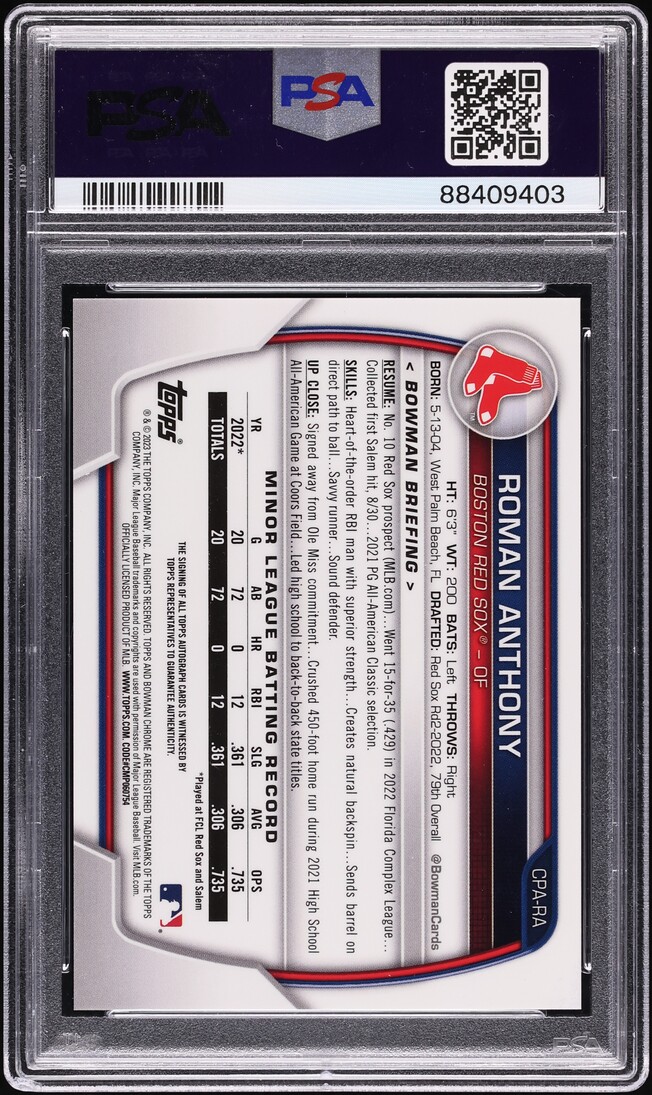 2023 Bowman Chrome Blue Crater Refractor Roman Anthony PROSPECT AUTO /150 PSA 10