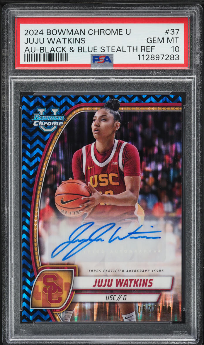 2024 Bowman Chrome U Black & Blue Stealth Ref. Juju Watkins RC AUTO /100 PSA 10
