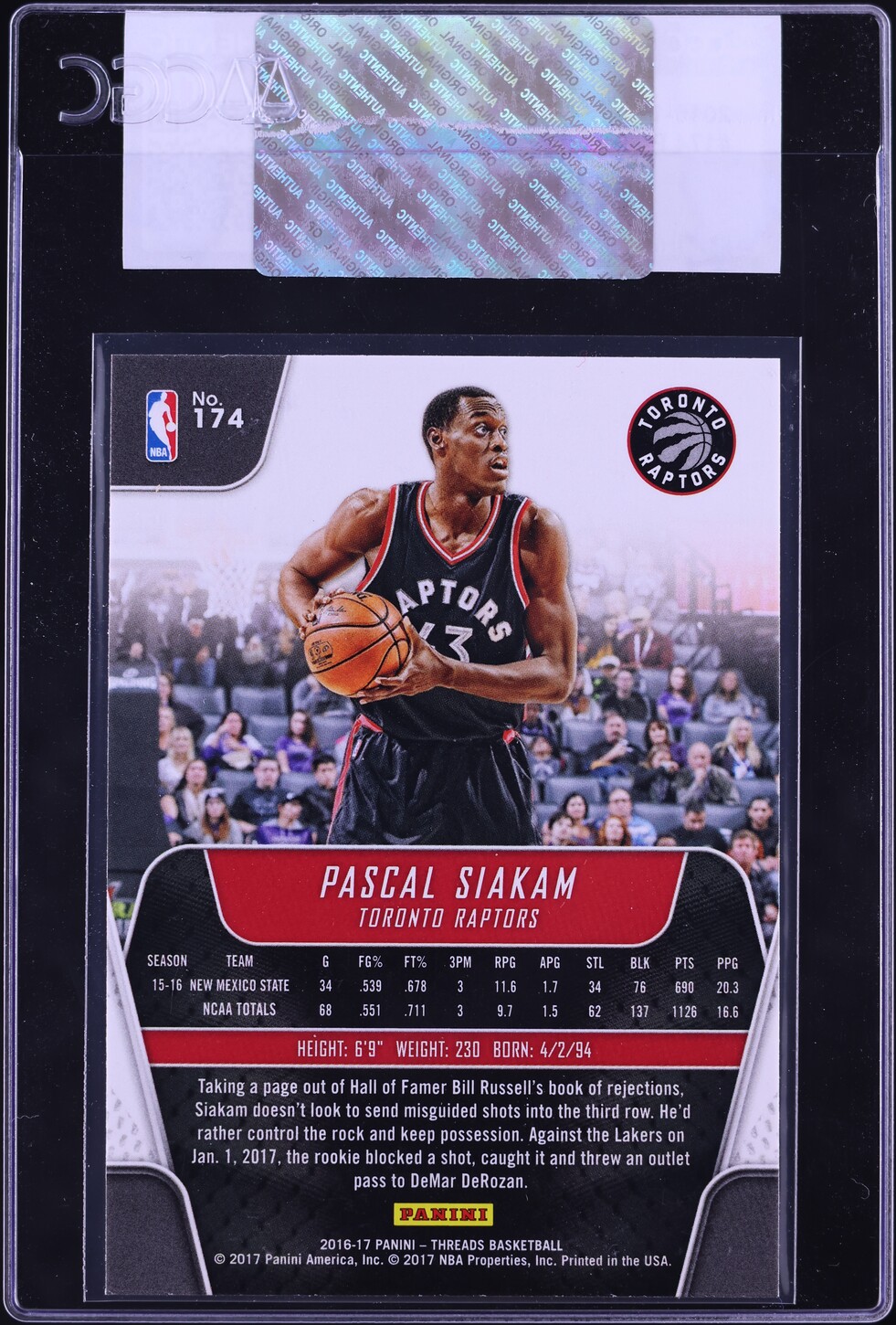 2016 Panini Threads Pascal Siakam ROOKIE #174 CGC AUTH