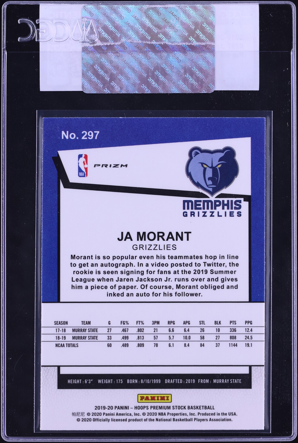 2019 Hoops Premium Stock Purple Disco Ja Morant ROOKIE #297 CGC AUTH