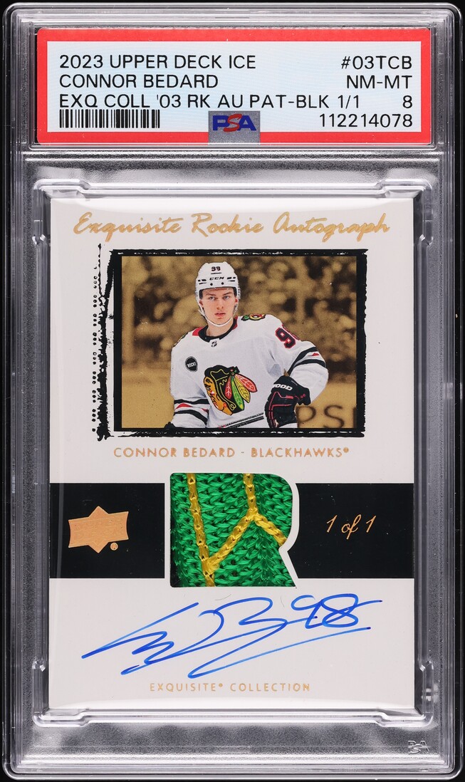 2023 UD Ice Exquisite Collection '03 Black Connor Bedard RC PATCH AUTO 1/1 PSA 8