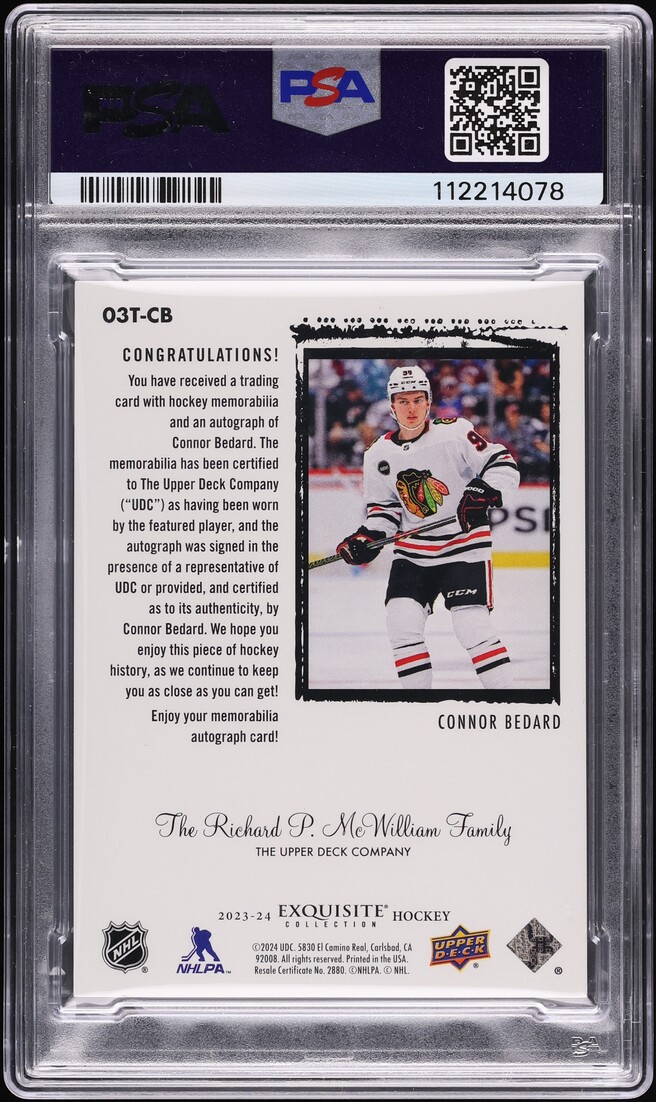 2023 UD Ice Exquisite Collection '03 Black Connor Bedard RC PATCH AUTO 1/1 PSA 8