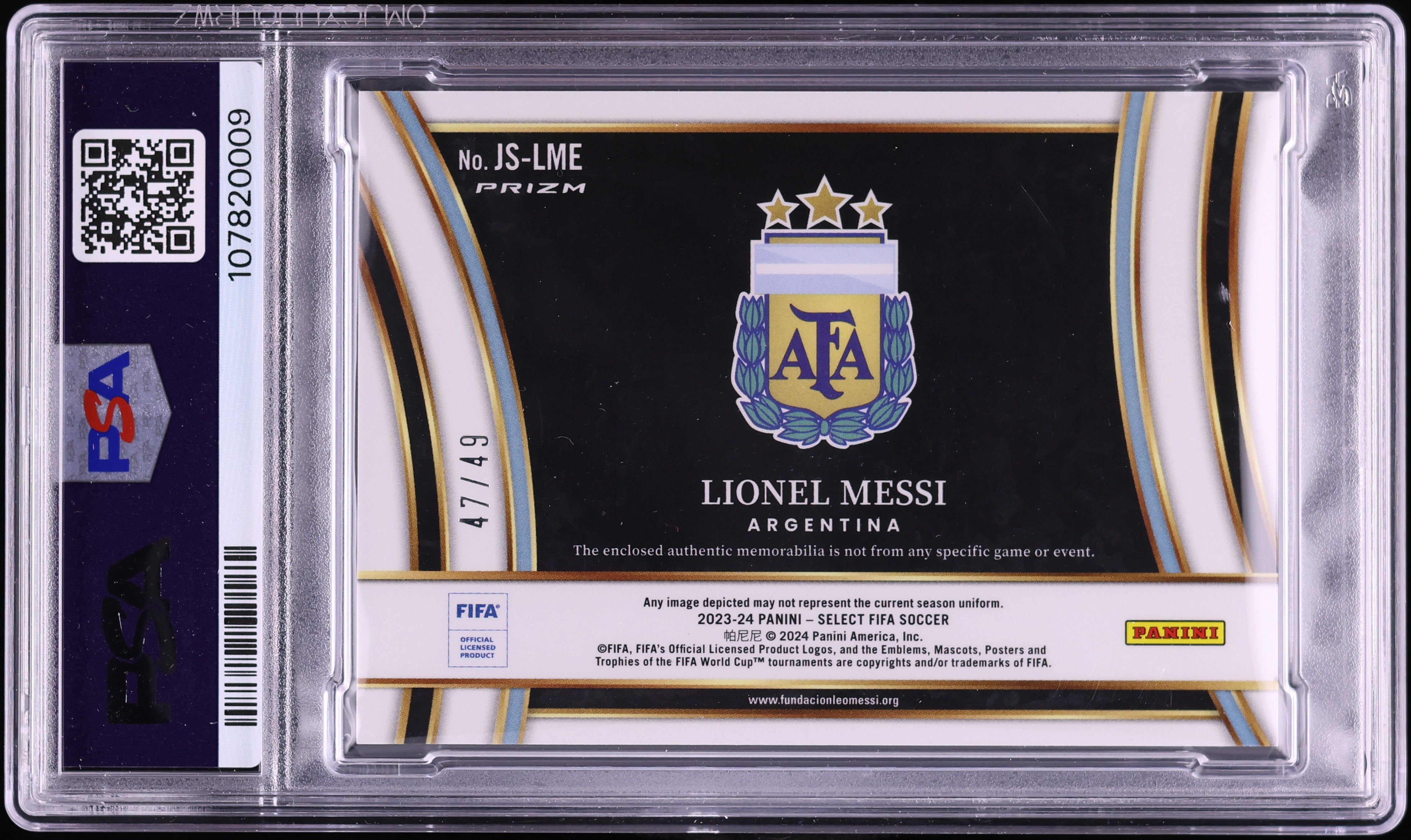 2023 Select FIFA Jumbo Purple Lionel Messi PATCH /49 #JS-LME PSA 9