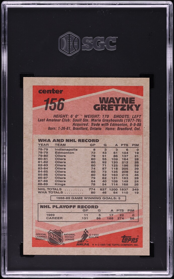 1989 Topps Hockey Wayne Gretzky #156 SGC 3 VG