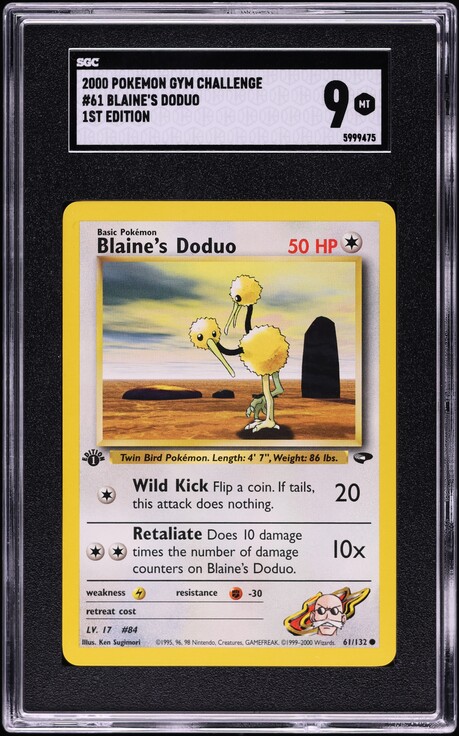 2000 Pokemon Gym Challenge 1st Edition Blaine's Doduo #61 SGC 9 MINT
