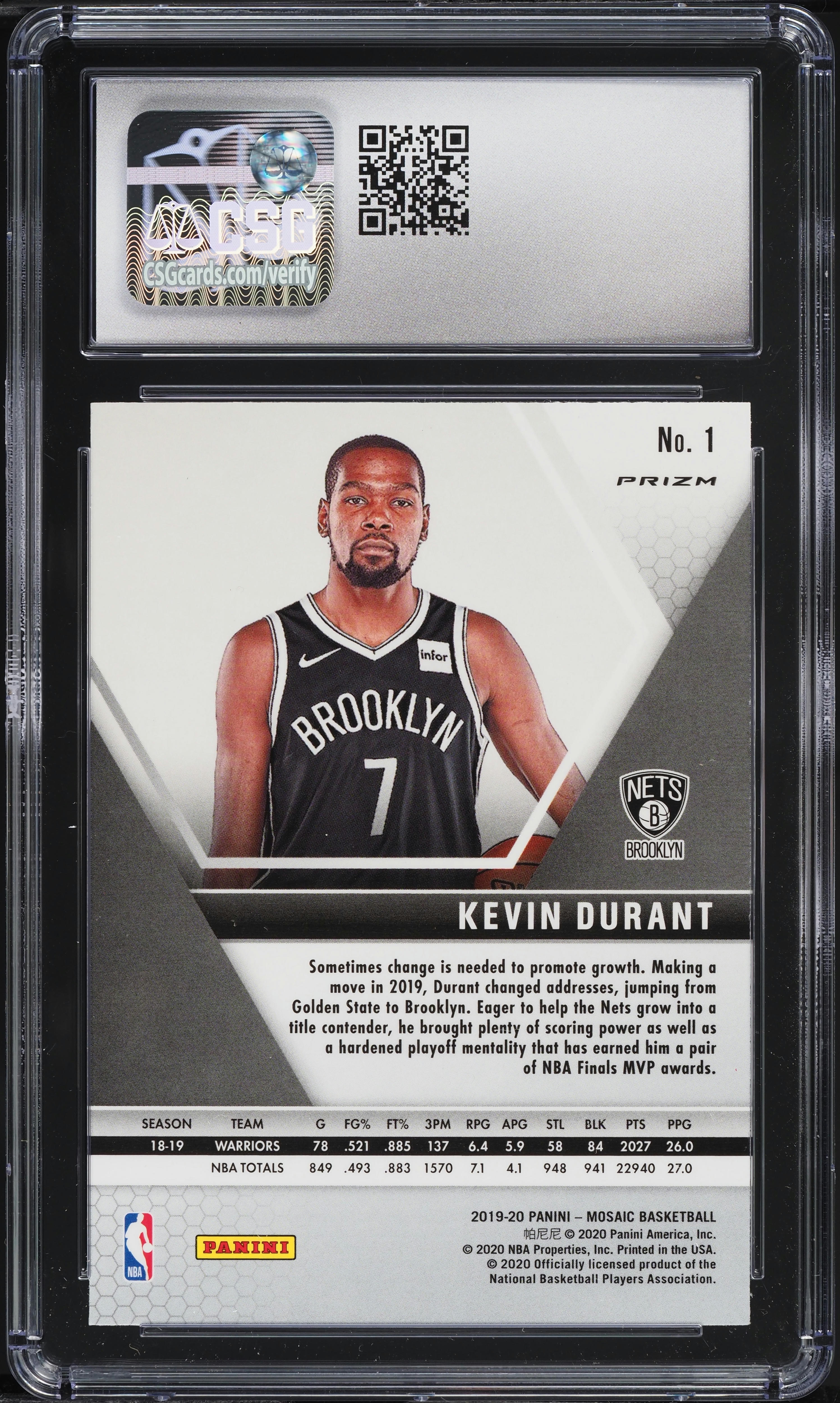2019 Panini Mosaic Reactive Blue Kevin Durant #1 CSG 10 GEM MINT