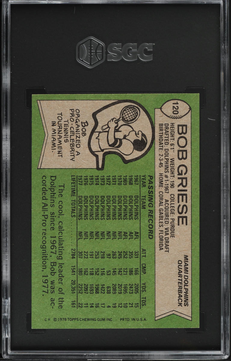 1978 Topps Football Bob Griese ALL-PRO #120 SGC 5 EX