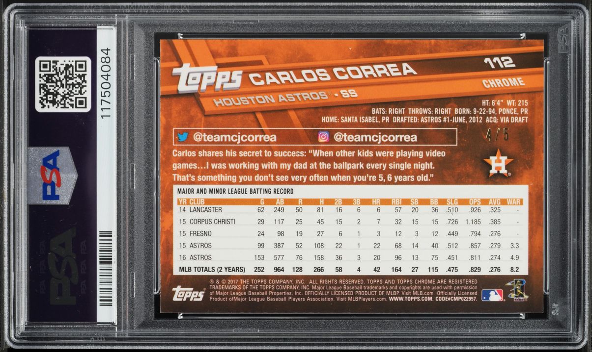 2017 Topps Chrome Horizontal Red Refractor Carlos Correa /5 #112 PSA 10 GEM MINT