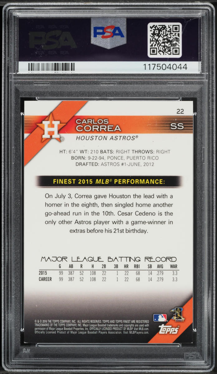 2016 Finest Green Refractor Carlos Correa /99 #22 PSA 8 NM-MT