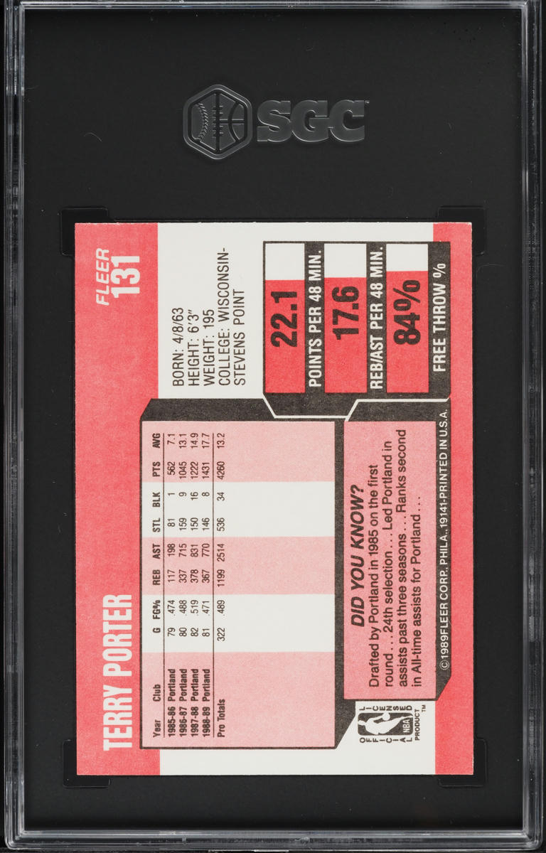 1989 Fleer Basketball Terry Porter #131 SGC 9 MINT