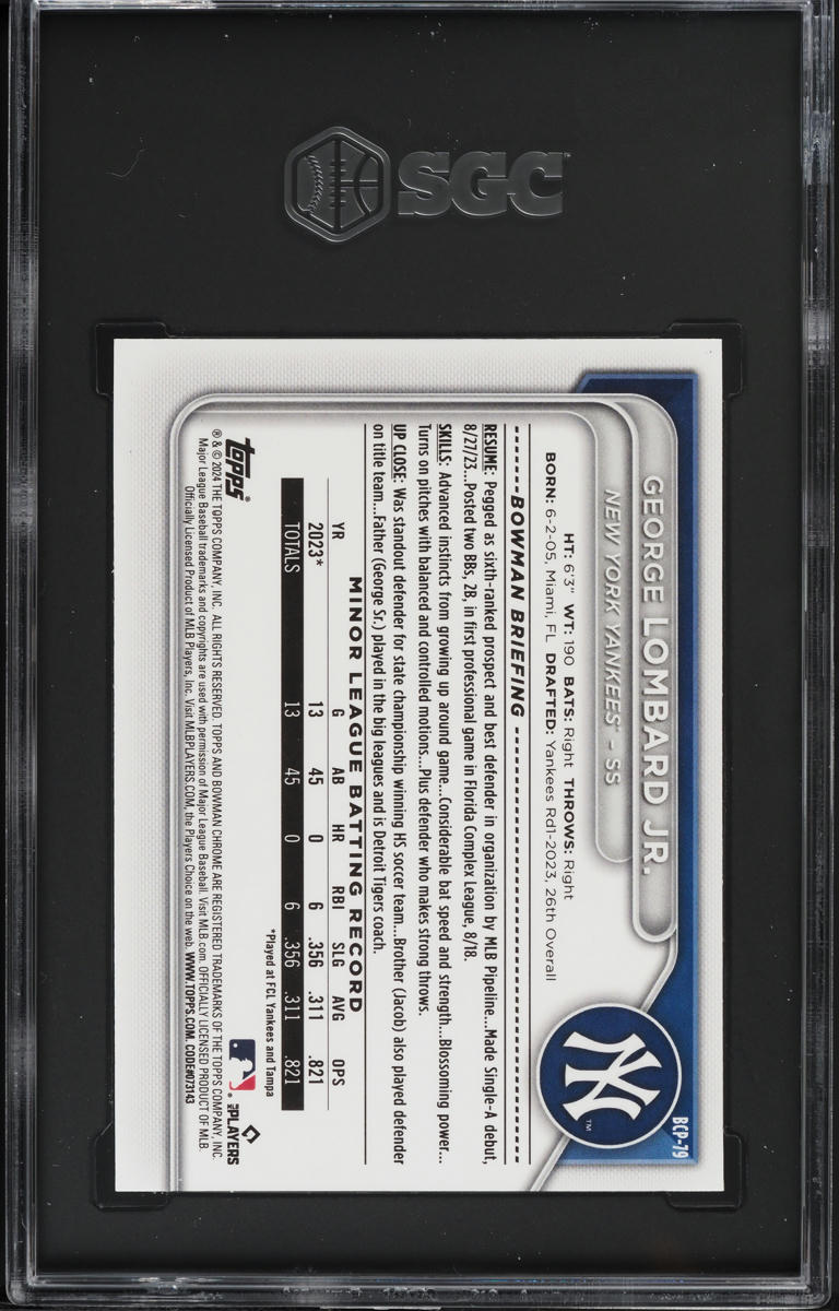 2024 Bowman Chrome Sapphire George Lombard Jr. PROSPECT #BCP-79 SGC 10 GEM MINT