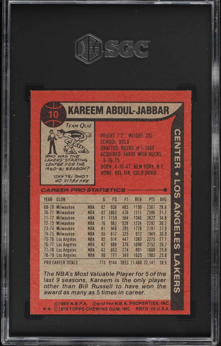 1979 Topps Basketball Kareem Abdul-Jabbar ALL-STAR #10 SGC 6 EXMT