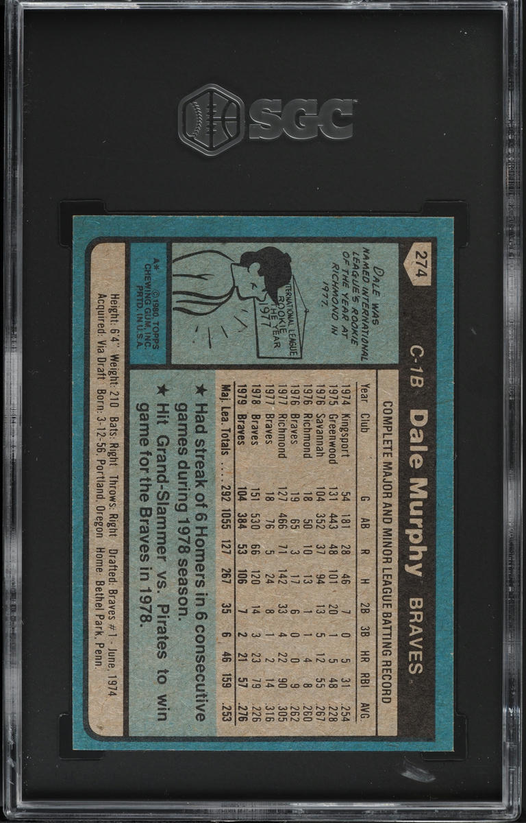 1980 Topps Dale Murphy #274 SGC 8.5 NM-MT+