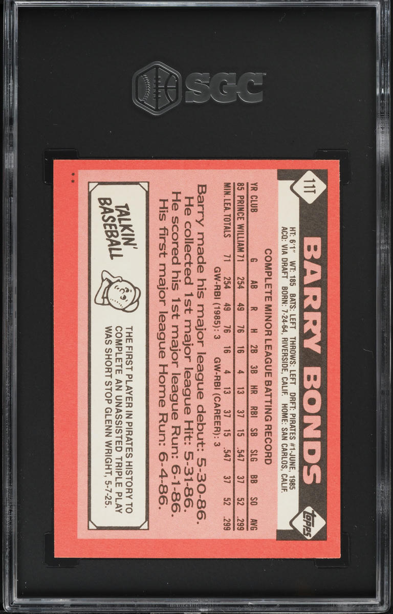 1986 Topps Traded Barry Bonds ROOKIE #11T SGC 7.5 NRMT+