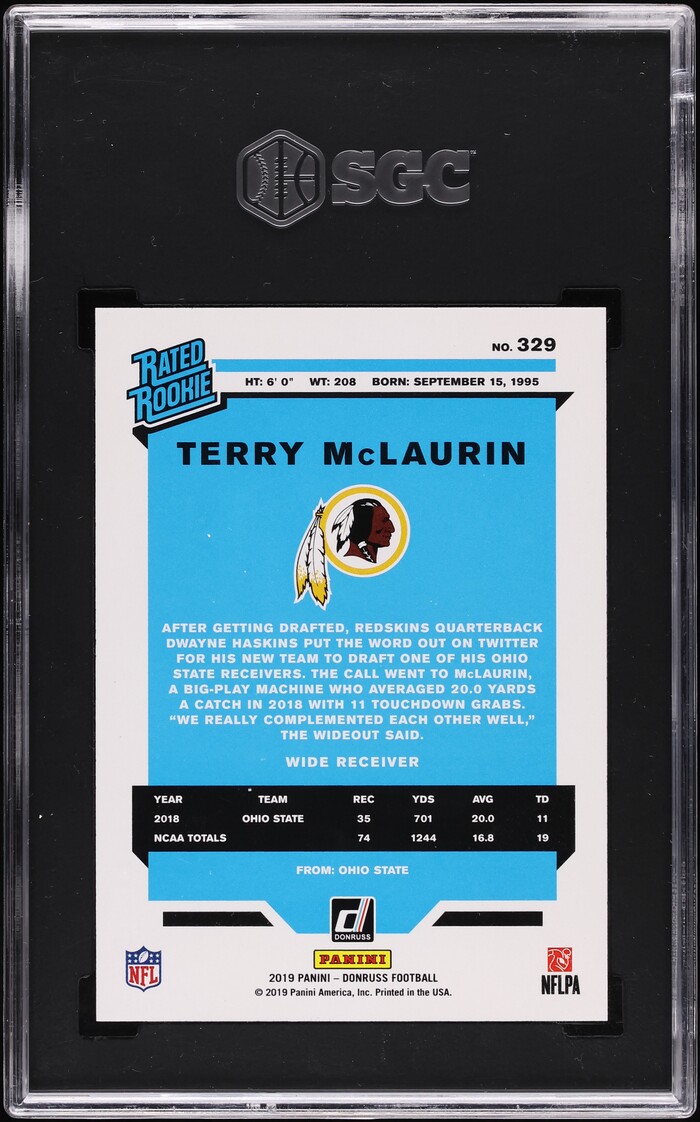 2019 Donruss Terry McLaurin ROOKIE #329 SGC 10 GEM MINT