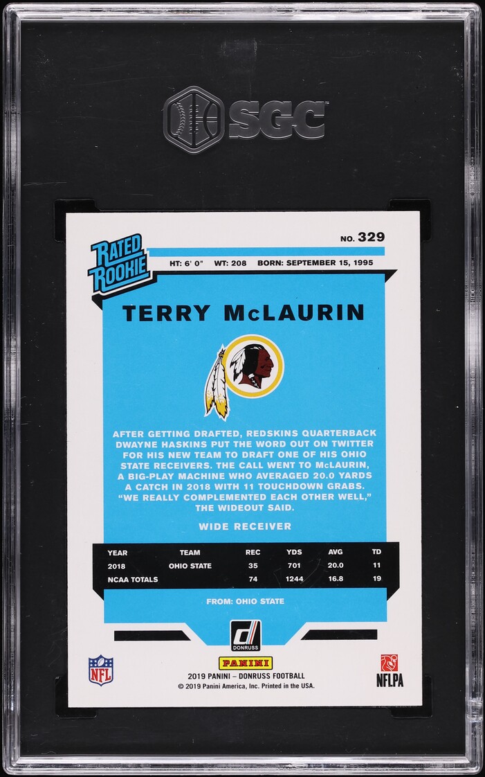 2019 Donruss Terry McLaurin ROOKIE #329 SGC 10 GEM MINT