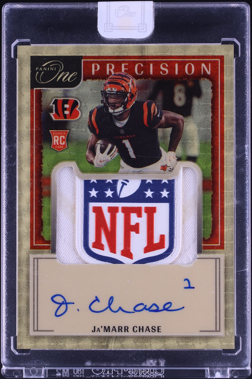 2021 Panini One Precision Gold Vinyl Ja'Marr Chase RC NFL SHIELD PATCH AUTO 1/1
