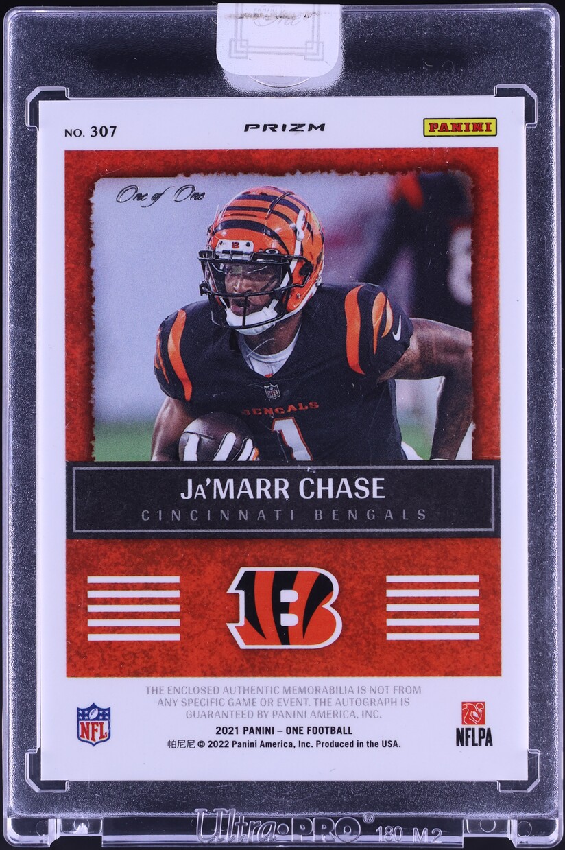 2021 Panini One Precision Gold Vinyl Ja'Marr Chase RC NFL SHIELD PATCH AUTO 1/1