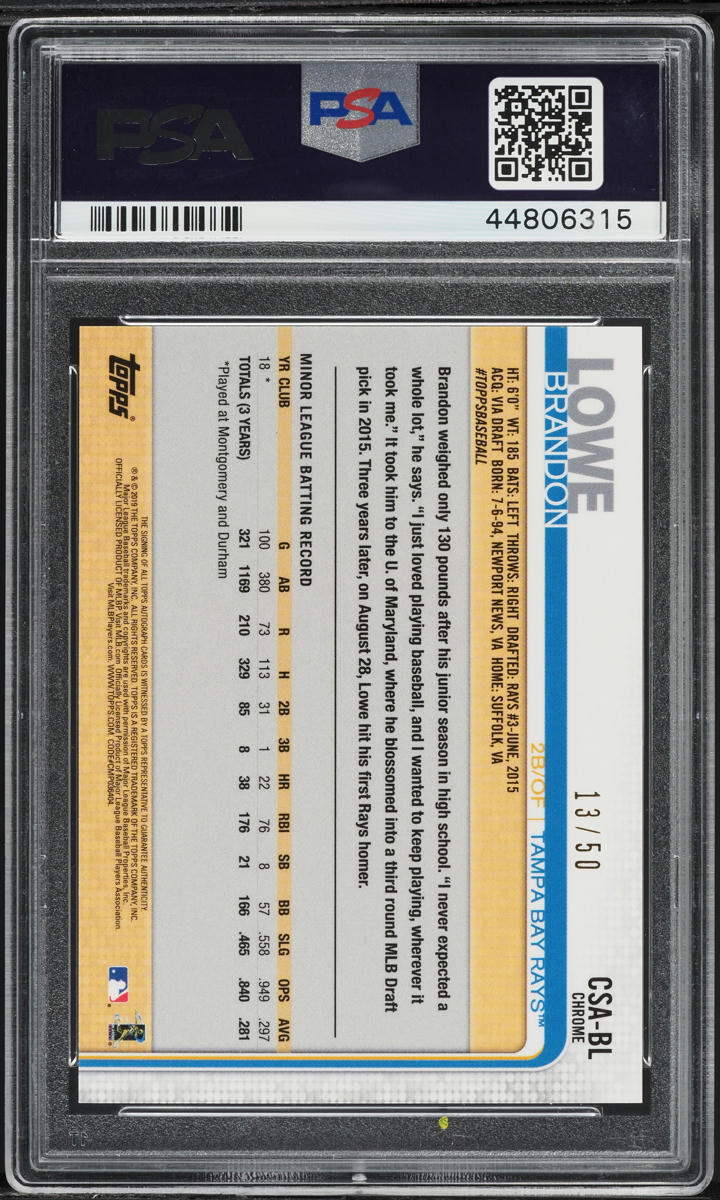 2019 Topps Chrome Sapphire Green Refractor Brandon Lowe ROOKIE AUTO /50 PSA 10