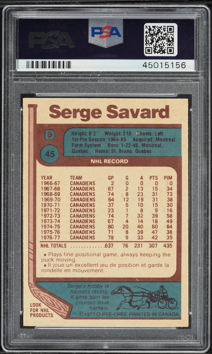 1977 O-Pee-Chee Hockey Serge Savard #45 PSA 9 MINT