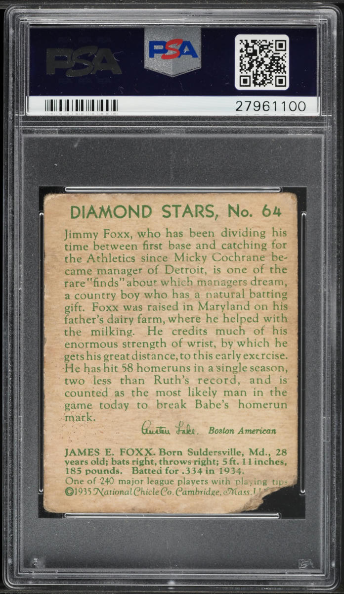 1935 Diamond Stars Jimmie Foxx #64 PSA AUTH