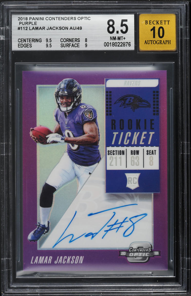 2018 Contenders Optic Purple Lamar Jackson ROOKIE AUTO /49 #112 BGS 8.5 NM-MT+
