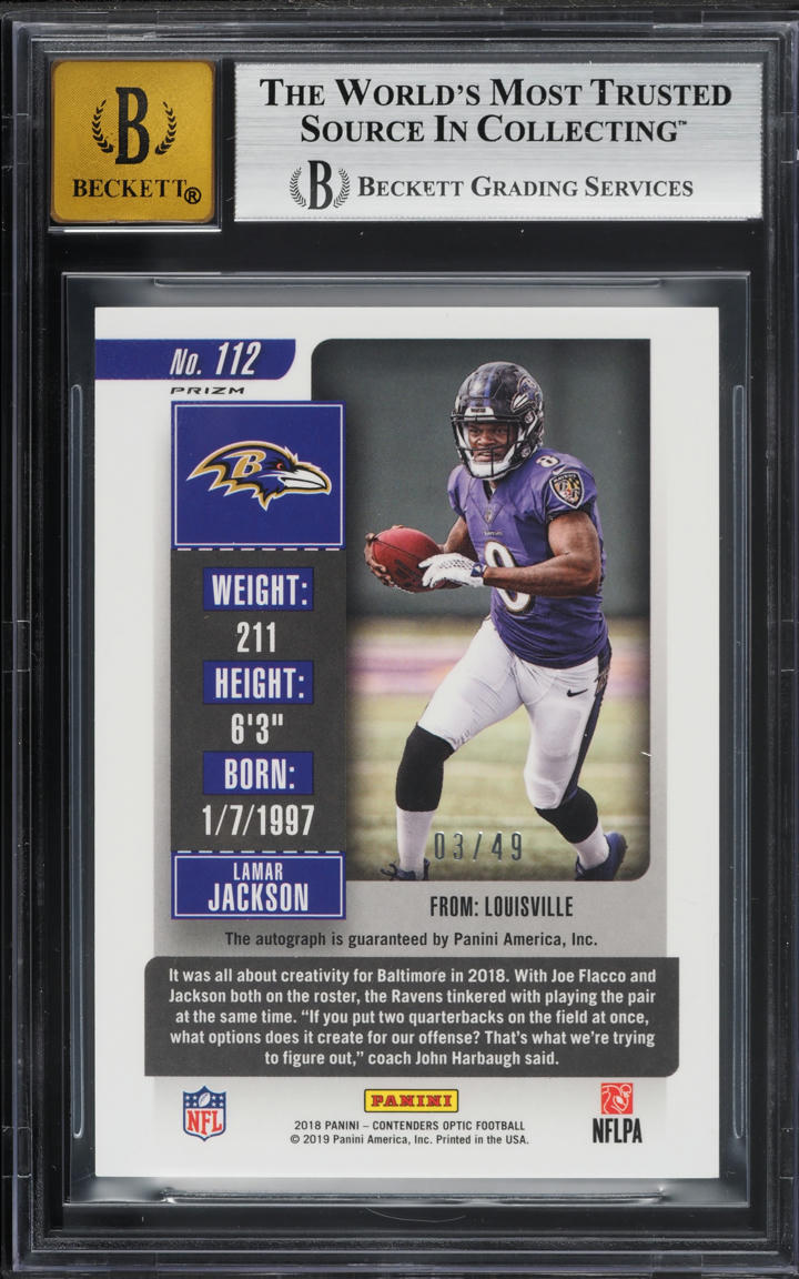2018 Contenders Optic Purple Lamar Jackson ROOKIE AUTO /49 #112 BGS 8.5 NM-MT+