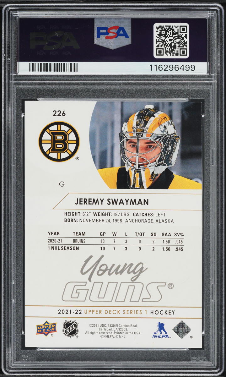 2021 Upper Deck Speckled Rainbow Foil Jeremy Swayman ROOKIE #226 PSA 10 GEM MINT