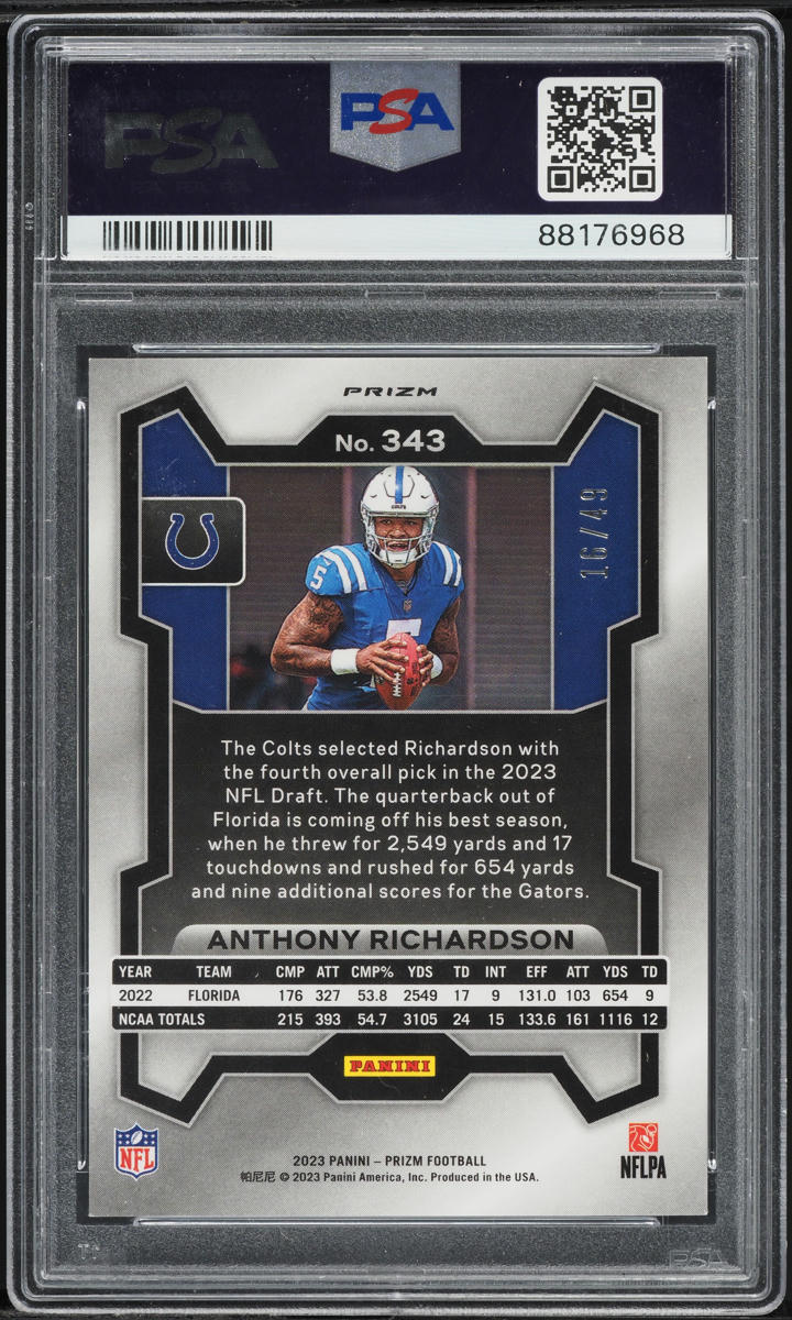 2023 Panini Prizm Purple Power Anthony Richardson ROOKIE /49 #343 PSA 10 GEM