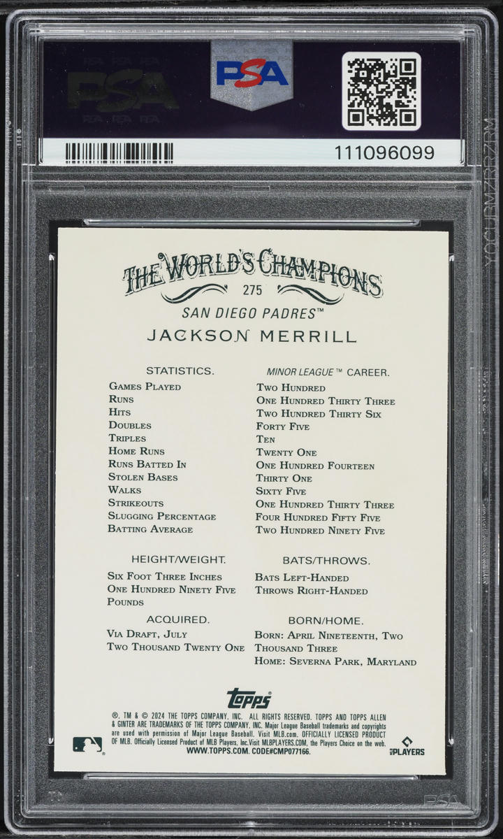2024 Topps Allen & Ginter X Chrome Jackson Merrill ROOKIE #275 PSA 10 GEM MINT