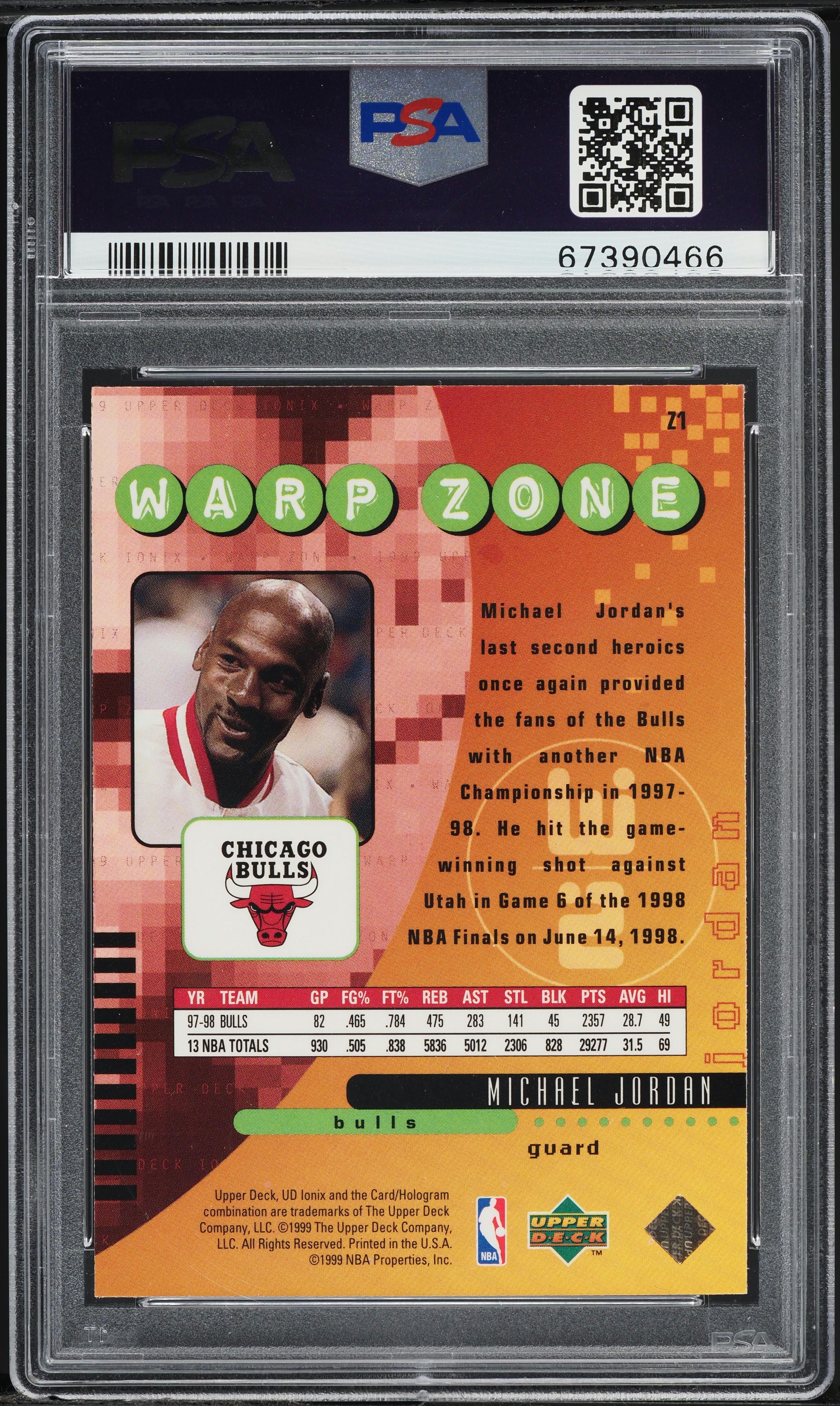 1998 Upper Deck Ionix Warp Zone Michael Jordan #Z1 PSA 9 MINT on