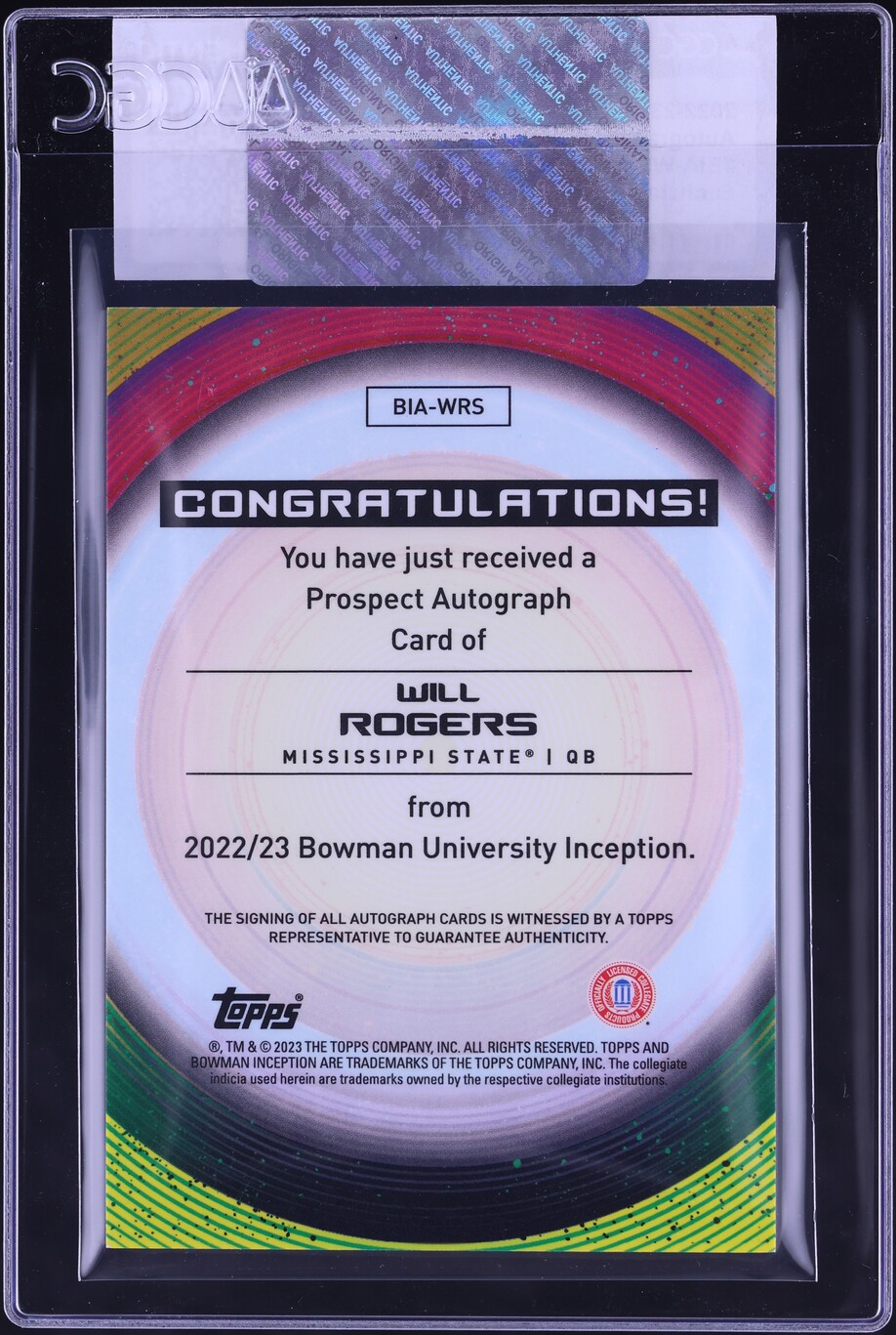 2022 Bowman University Inception Fuchsia Foil Will Rogers RC AUTO /75 CGC AUTH