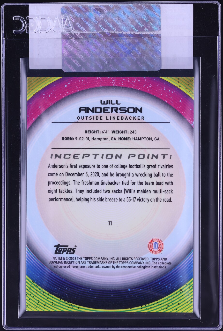 2022 Bowman University Inception Will Anderson ROOKIE #11 CGC AUTH