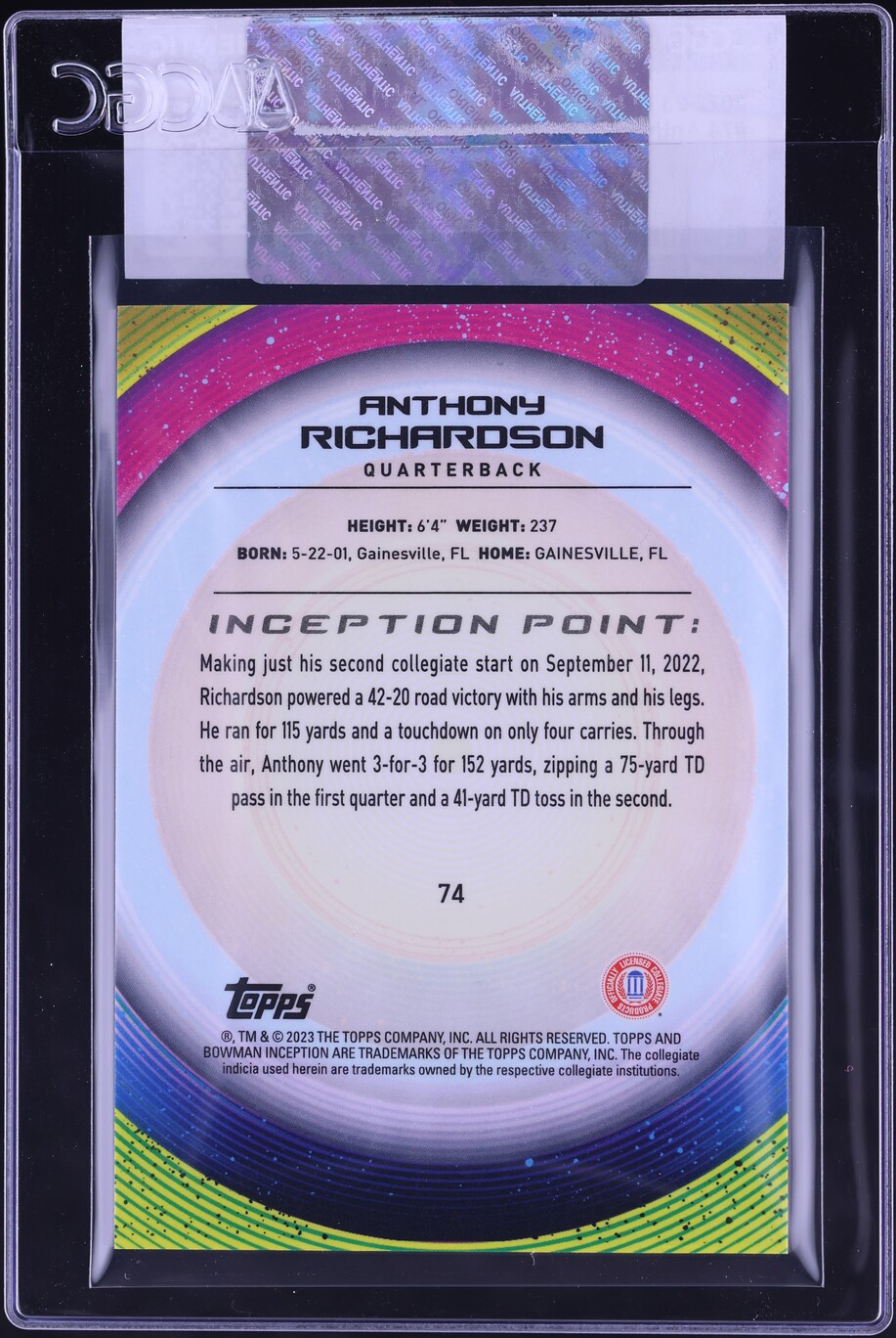 2022 Bowman University Inception Anthony Richardson ROOKIE #74 CGC AUTH